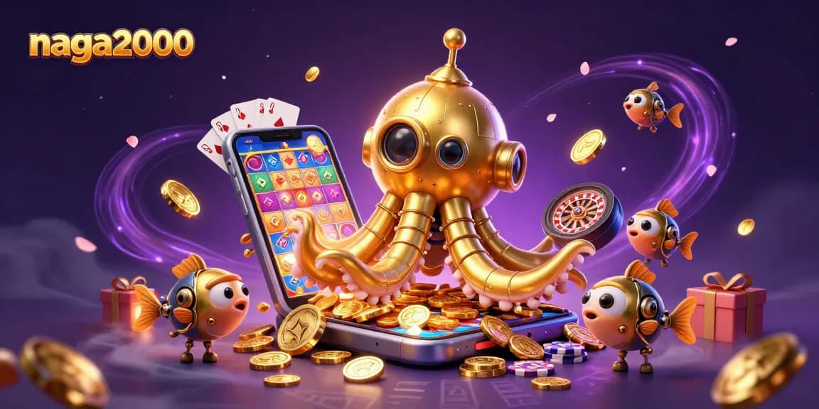 Naga2000 permainan slot menarik dengan kraken dan koin emas di layar smartphone