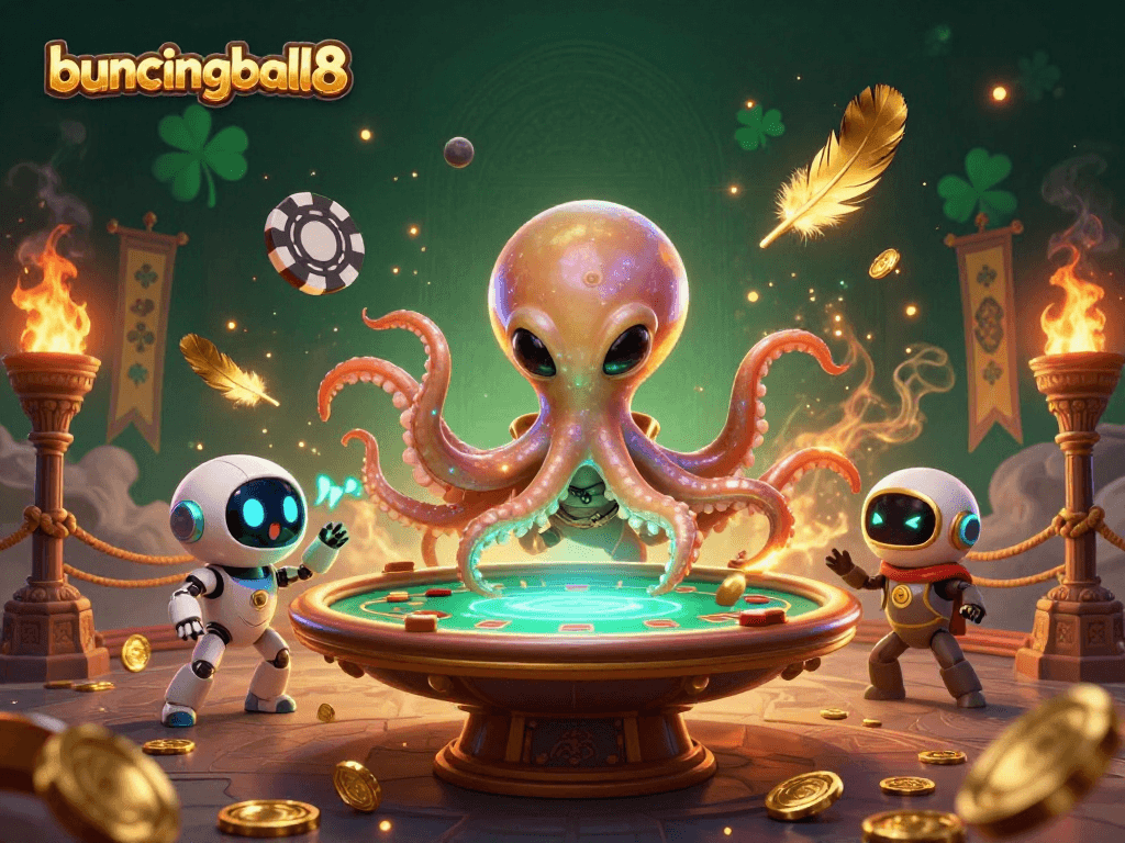 bouncingball8 offers thrilling poker experiences with alien octopus and robot amid a dynamic casino scene