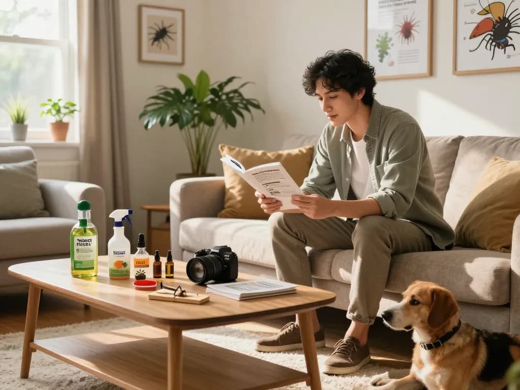 Pest control guide in a cozy living room with homeowner and natural repellents for effective pest prevention.