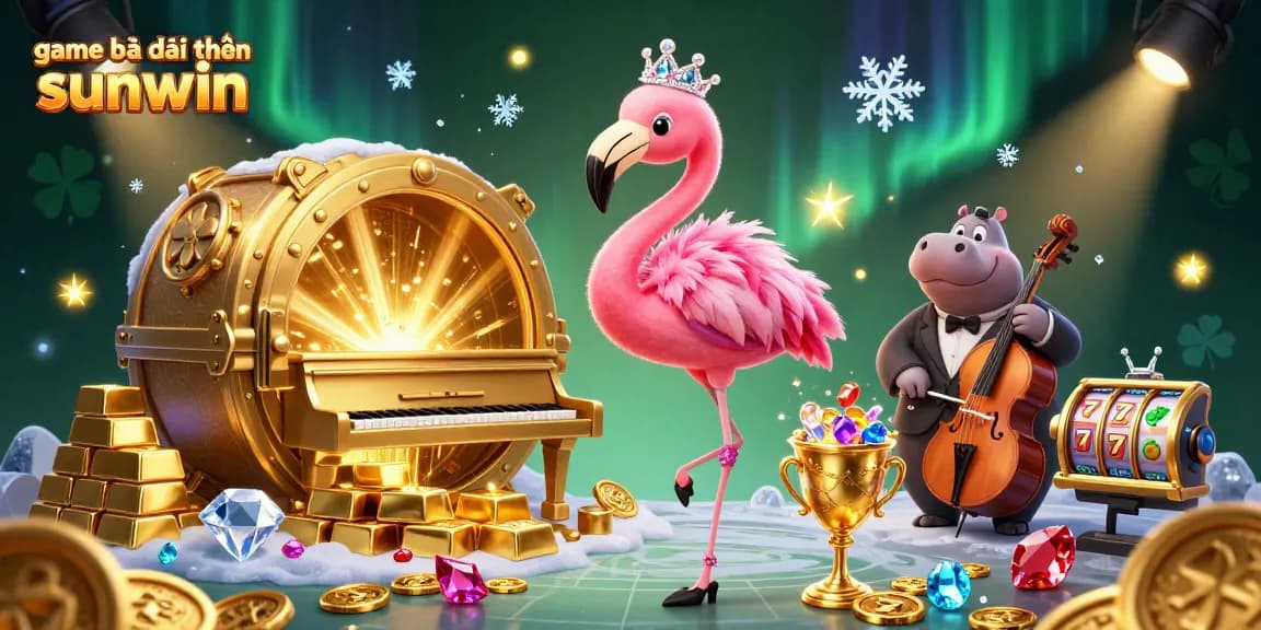 Engage in the thrilling game bài đổi thưởng sunwin as flamingo and hippo entertain amidst treasures and slot machines.
