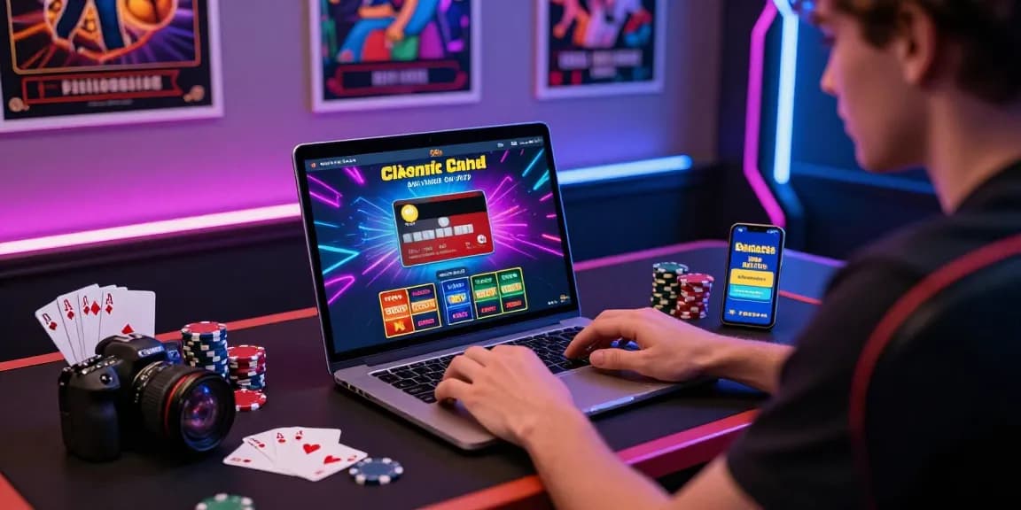 Exploring credit card casinos UK with enthusiastic player at a stylish desk, laptop displaying gaming interface, vibrant atmosphere.