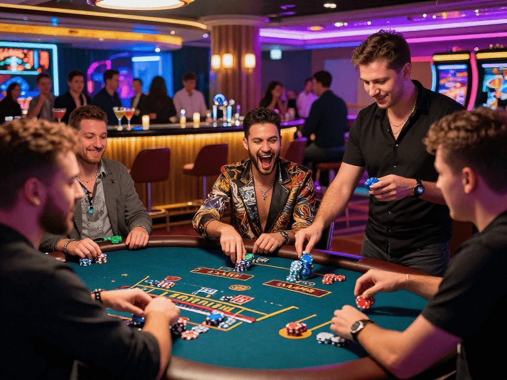Giocatori entusiasti in un casinò non AAMS, immersi nell'emozione del gioco e delle vincite.