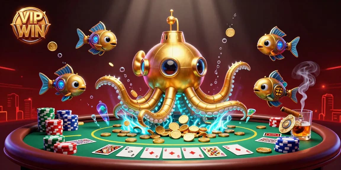 Join the underwater adventure as VIPWIN reveals a spectacular poker scene filled with golden coins.