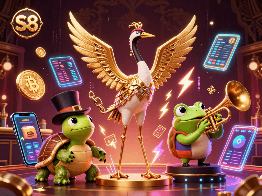 Experience exciting casino action at S8 with vibrant characters, crypto coins, and neon lights.