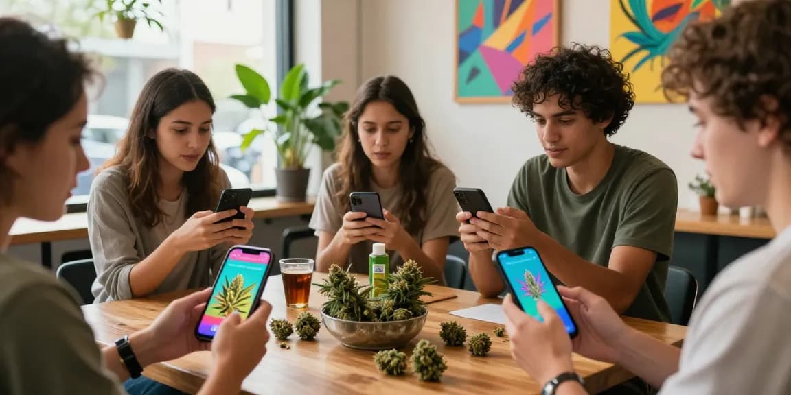 Engaging Telegram weed community discussion in a vibrant cafe, showcasing cannabis culture.