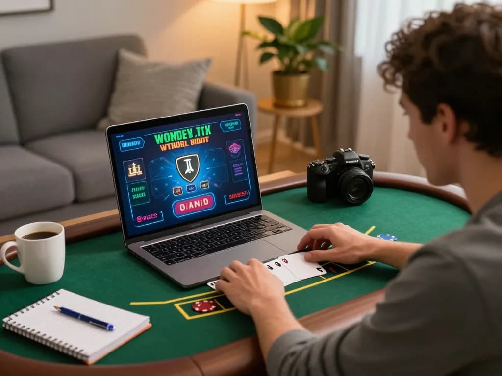 Engaged player using FC88 platform at home for online blackjack, capturing strategic gameplay moment.