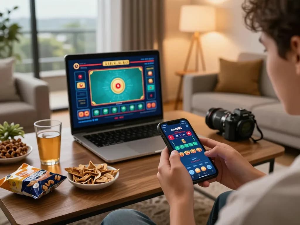 Engaging with lucky88 on a smartphone in a cozy home setting, enjoying live dealer games.