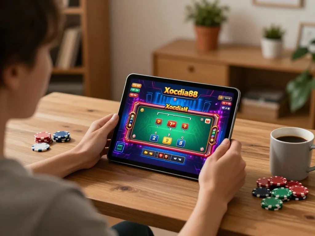 Xocdia88 online gaming experience with live dealer, showing player engaged at home.