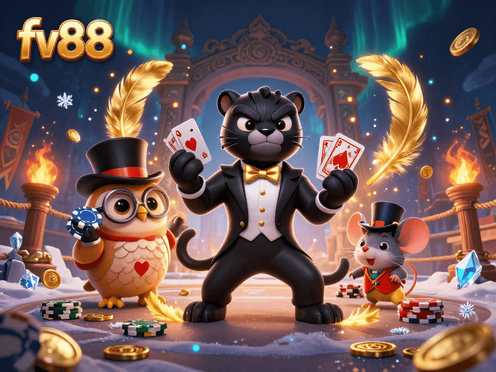 Engaging FV88 illustration with stylish characters dealing cards and holding poker chips in a dynamic casino scene.