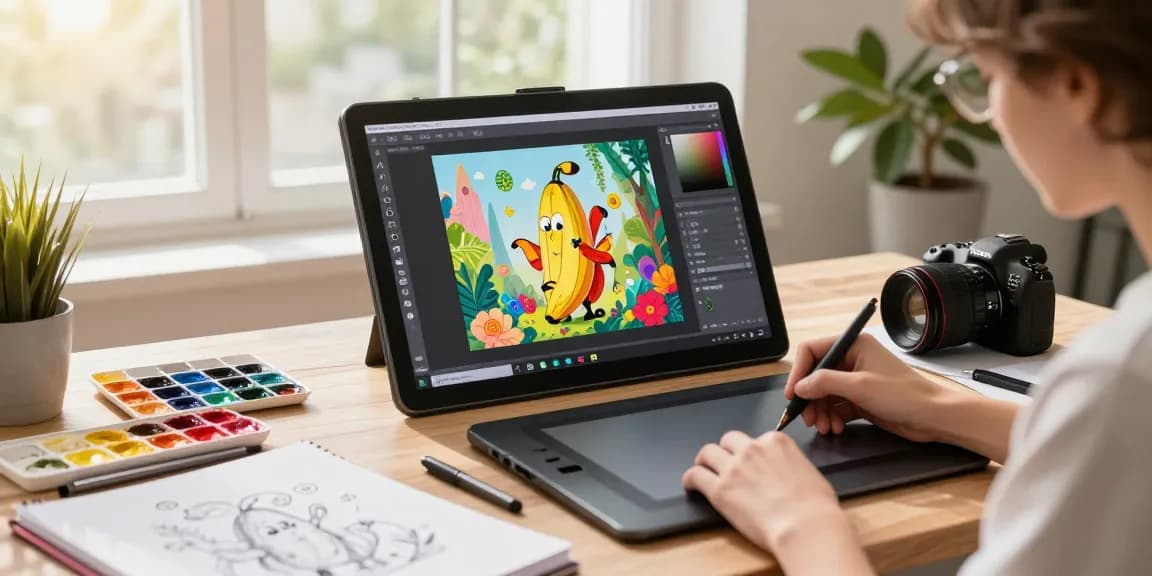 Artist using nano banana 2 to create AI-powered digital art in a bright studio.