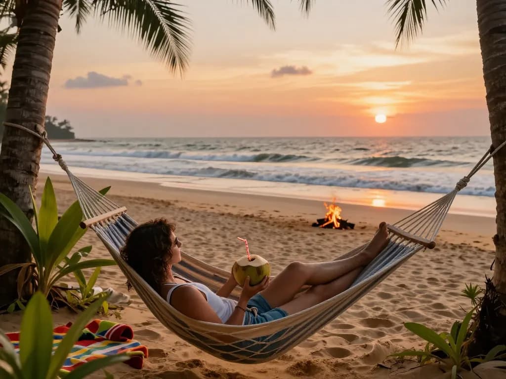 Relaxing at Gokarna resorts beachside with a stunning sunset view.