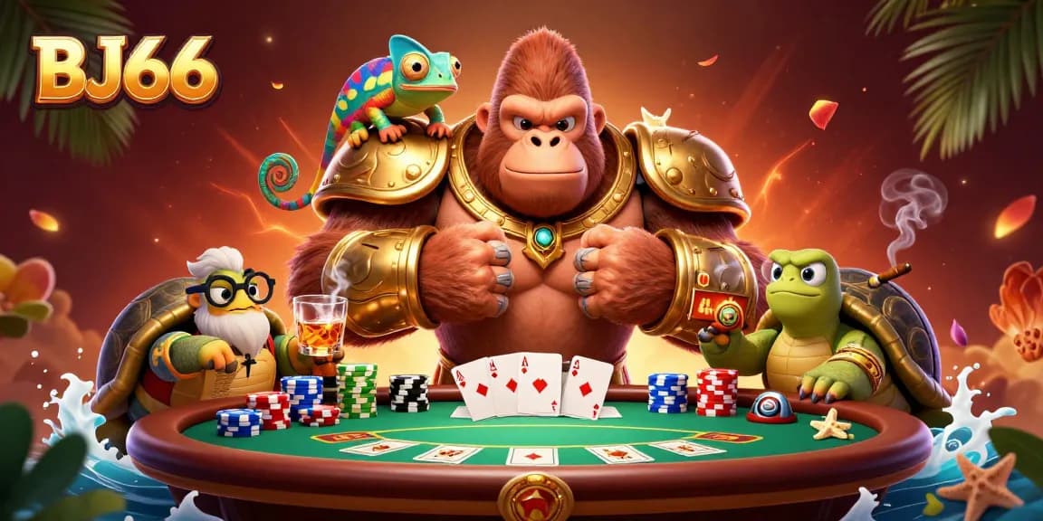 BJ66 showcases thrilling online gambling with a powerful gorilla king and clever chameleon amid poker action.