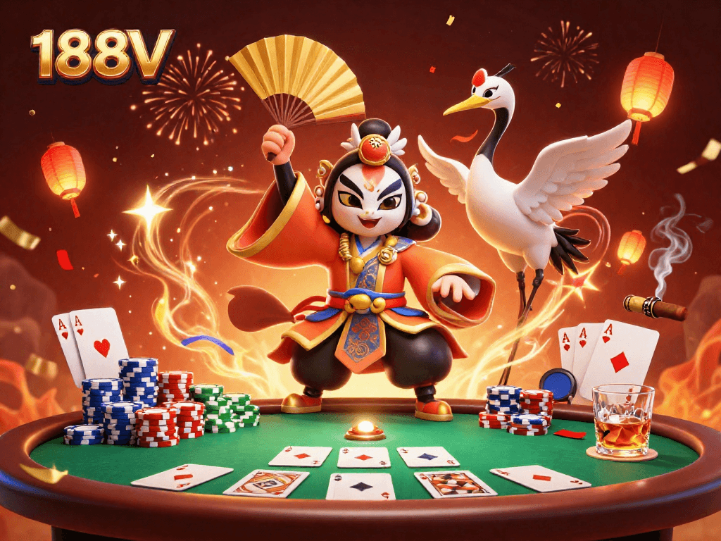 Experience dynamic gaming action at 188V with poker chips and colorful characters in a lively casino scene.
