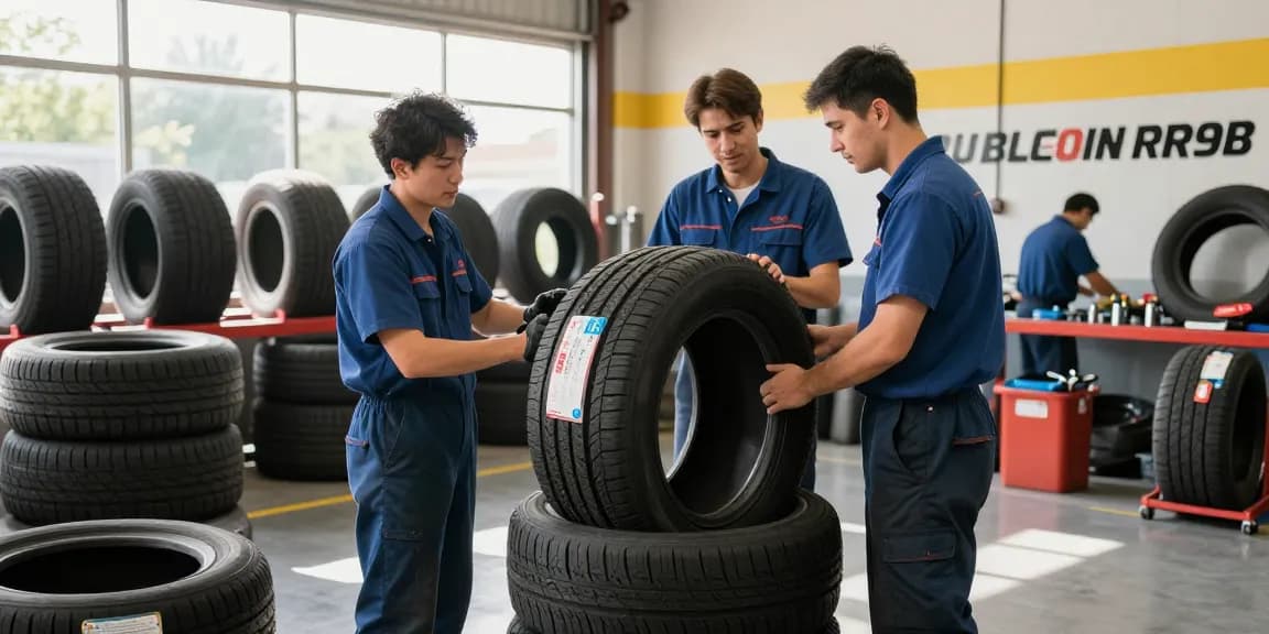 Technicians inspecting Double Coin RR99 tires in a vibrant workshop setting.