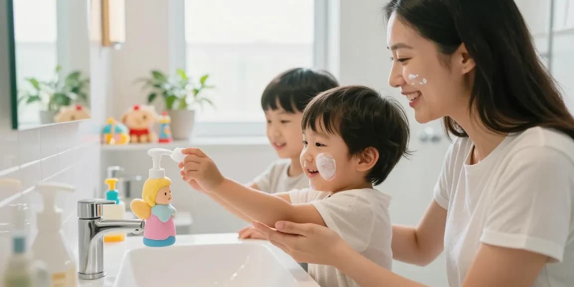 Parent and child happily applying barrier skincare together, enhancing their skin health while promoting สมัครเว็บสล็อต.