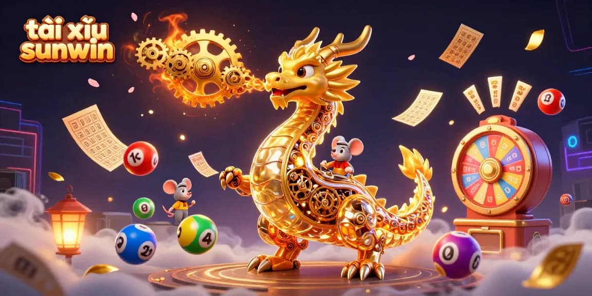 Engage with tài xỉu sunwin gameplay in a vibrant illustration featuring a golden dragon and dynamic game elements.