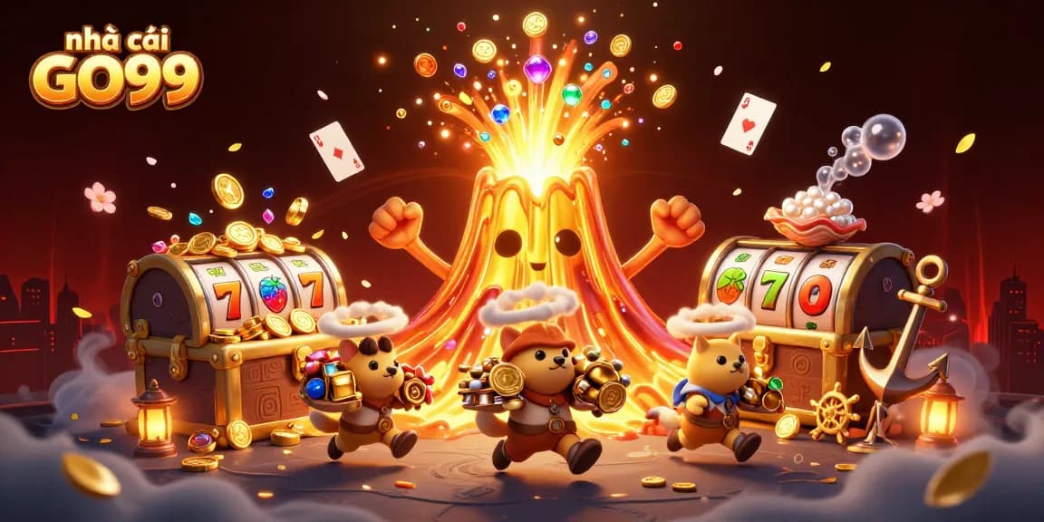 Gameplay at nhà cái GO99 showcases vibrant slot machines erupting with treasures and animated characters.