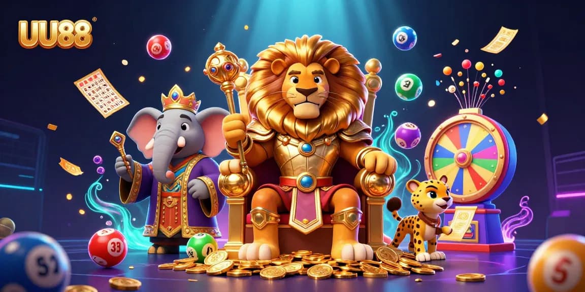 Experience the thrilling UU88 lottery scene featuring vibrant elements and regal characters in an exciting casino atmosphere.