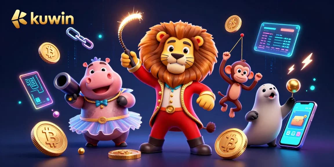 Engage with kuwin's vibrant 3D casino scene featuring cartoon characters and crypto elements.