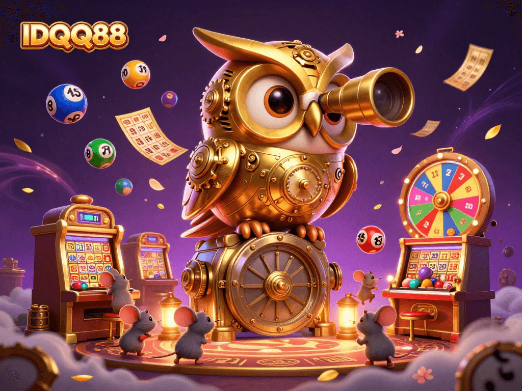 Play slots at IDQQ88 with an enchanting view of the casino, featuring a golden owl and lively game elements.