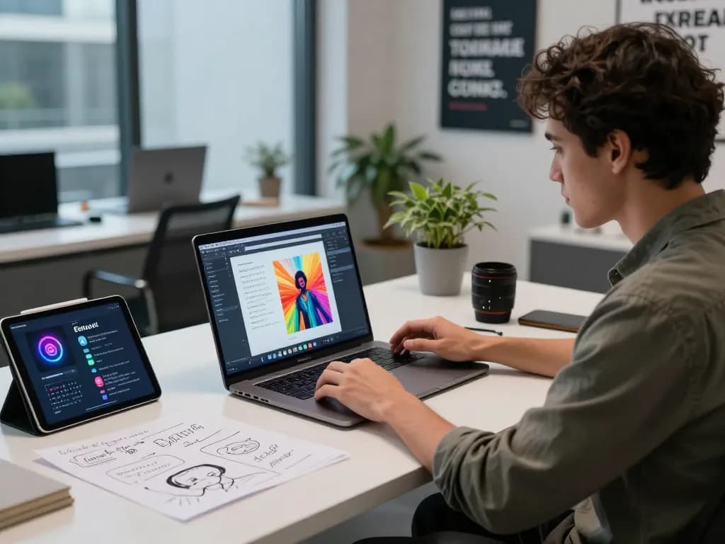 Generate image to prompt in a modern digital workspace with vibrant images and AI tools.