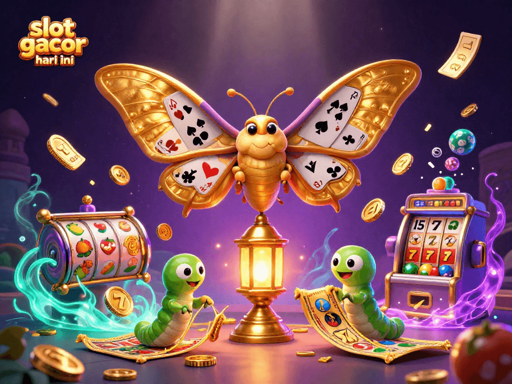Experience slot gacor hari ini in an enchanting scene with golden moths and dynamic casino symbols.