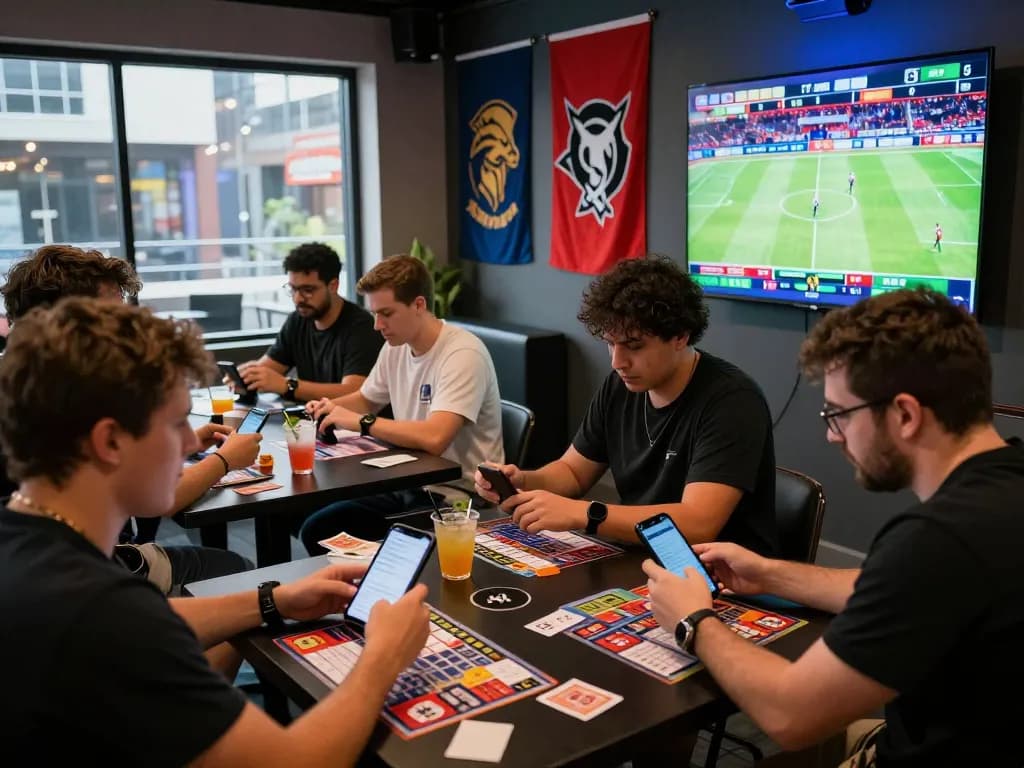 Friends enjoying the excitement of sports betting at a lounge while using Link đăng ký Topbet for registration.