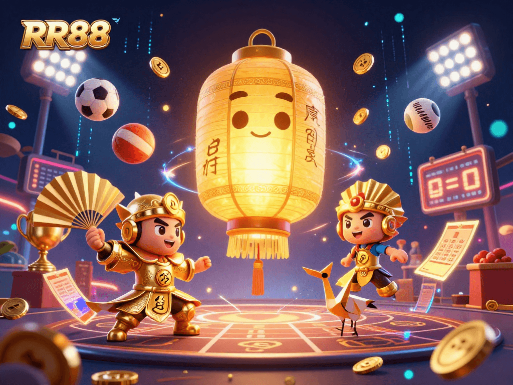Experience the thrilling RR88 night market casino with dynamic sports elements and golden lantern spirit.