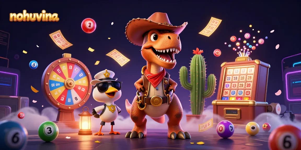 Nohuvina brings together a cartoon cowboy dinosaur, cactus, and roadrunner amidst dynamic lottery elements.