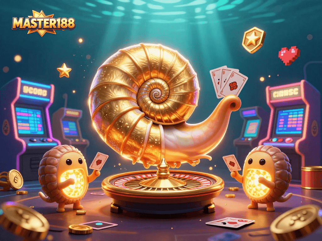 Win big with MASTER188 in this vibrant 3D casino scene featuring gaming excitement and colorful elements.