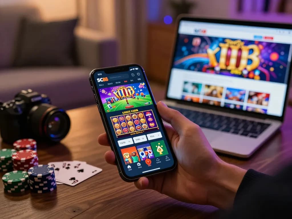 Engaging online gaming scene with SC88 app on smartphone, showcasing vibrant betting graphics and user-friendly interface for online gambling experience.