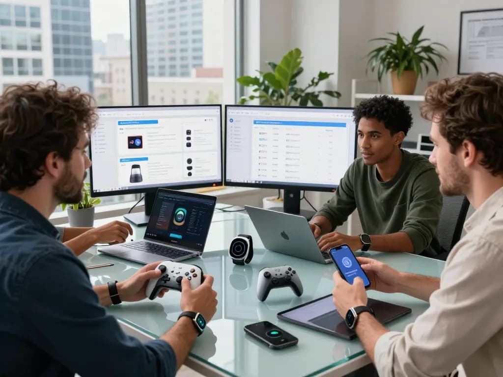 Scene showcasing the best tech gadgets for men in a modern workspace with men discussing innovative Bluetooth devices.