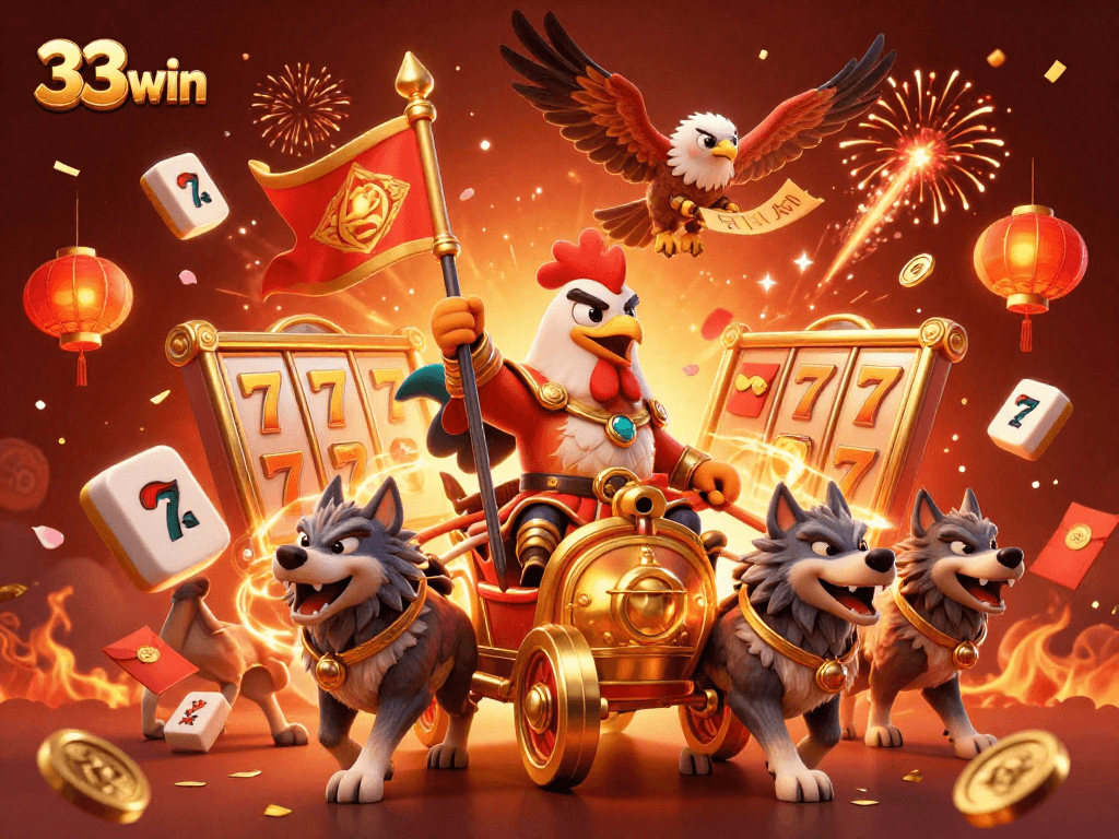 Engage in thrilling gameplay at 33win where the rooster warlord leads a victorious casino adventure.