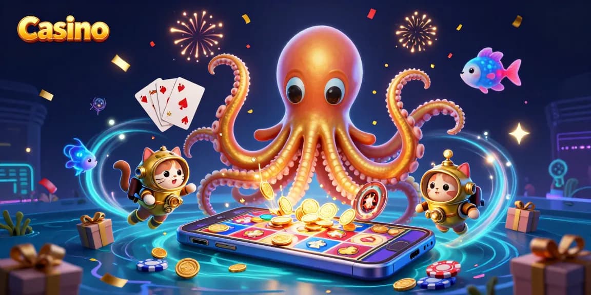 Experience thrilling casino excitement with a kraken and vintage diving cat in a vibrant 3D illustration.