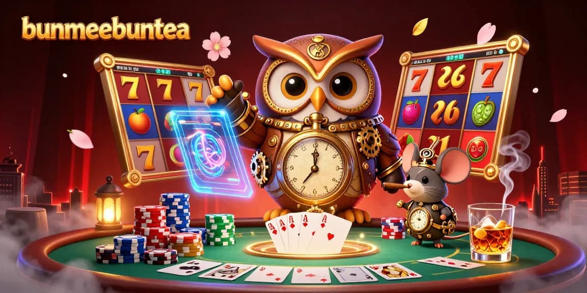 Menggali keseruan slot dengan bunmeebuntea, gulungan slot berwarna dan simbol buah meluncur di sekitar karakter utama.
