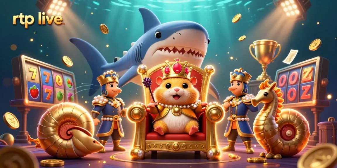 Engage with rtp live featuring a fearsome hamster king on a megalodon throne, surrounded by dynamic casino elements.