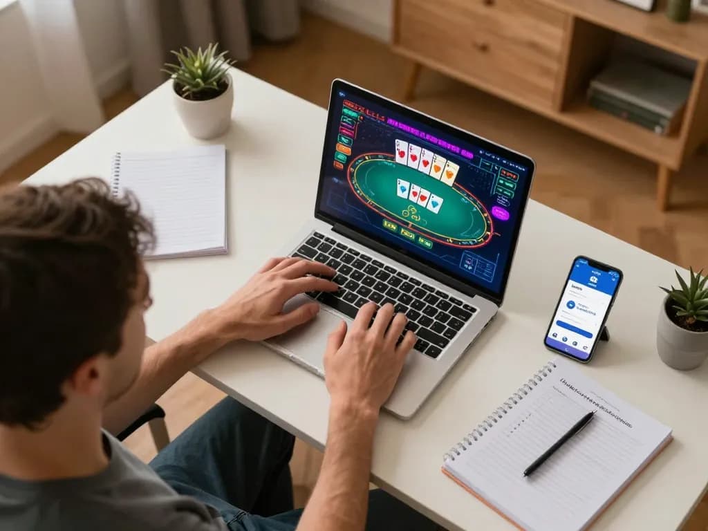 Player utilizing dagago online casino app on laptop for exhilarating poker game