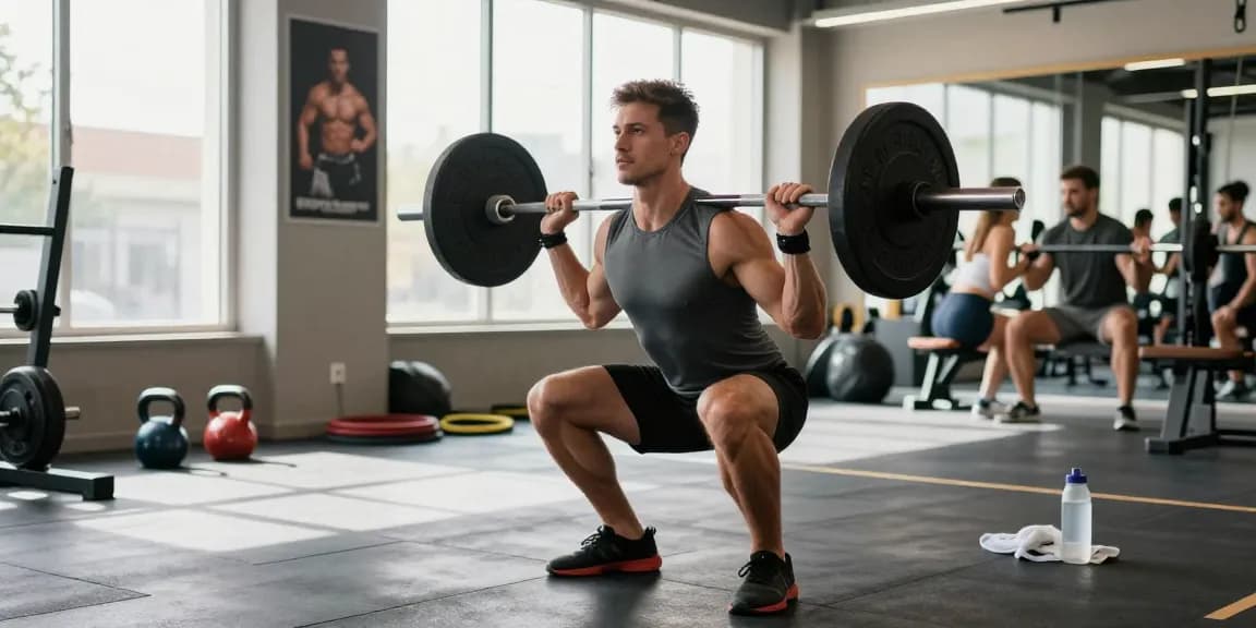 Sportler hebt Gewichte im Fitnessstudio und bewirbt Steroidshop für Bodybuilder.