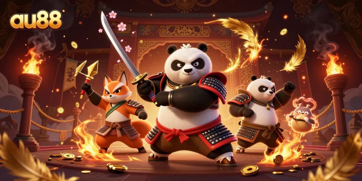 Experience exhilarating gaming action at au88 with samurai, ninja, and magical spirit surrounded by vibrant casino elements.
