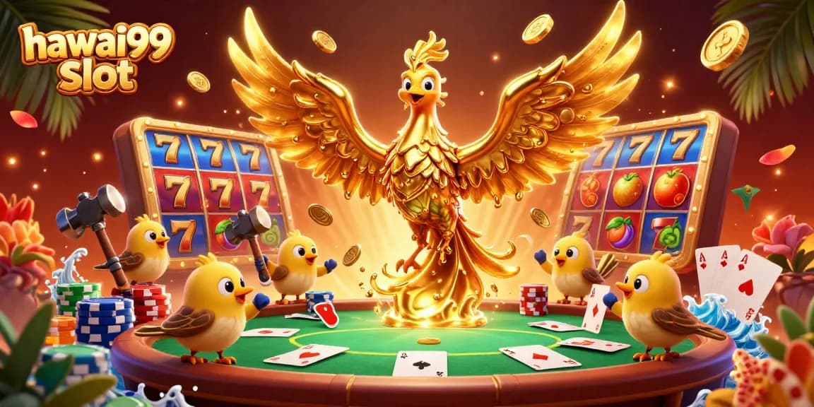 Experience the excitement of hawai99 slot with a golden phoenix and dynamic casino elements.