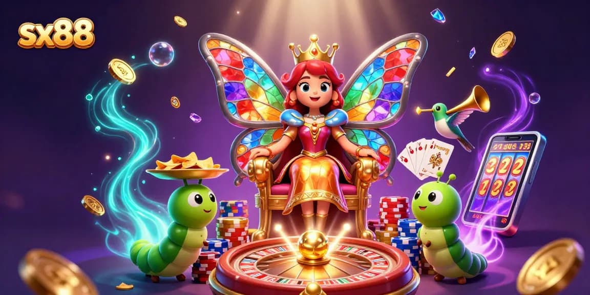 SX88 reveals a dazzling casino kingdom where a butterfly queen presides, surrounded by golden chips and vibrant poker action.