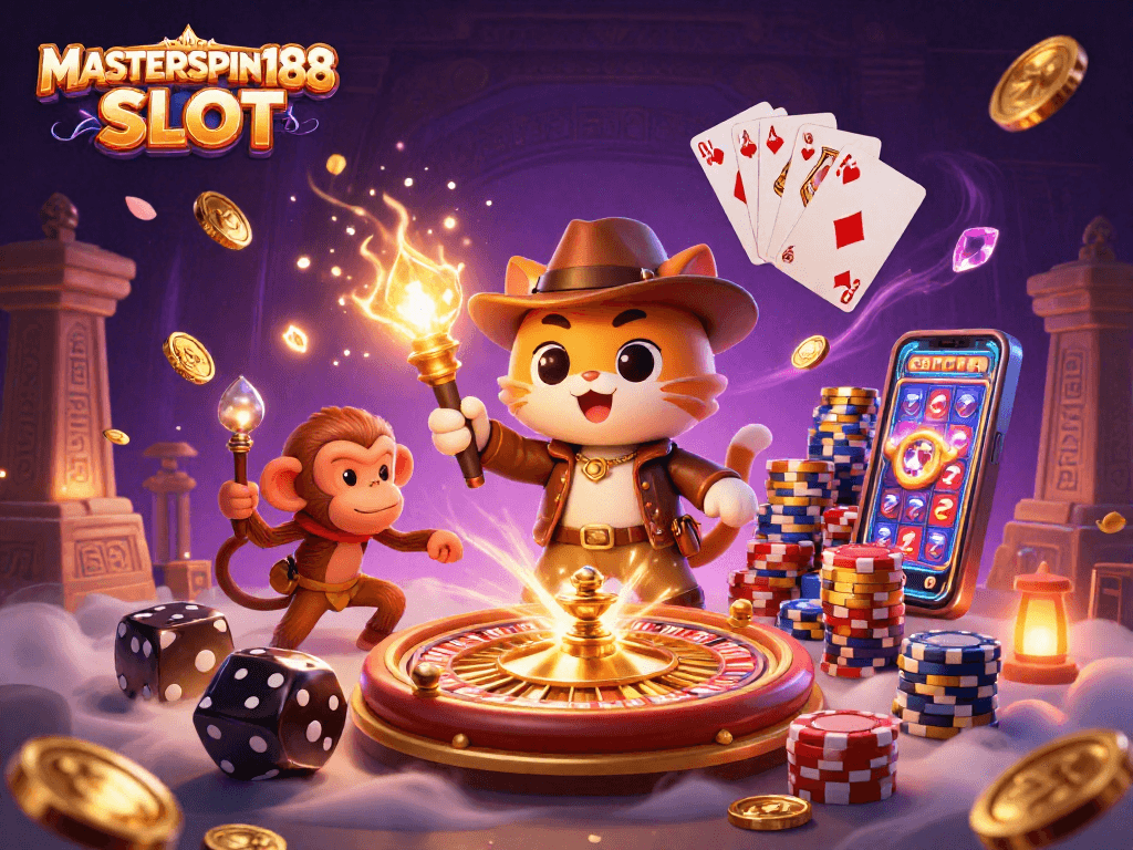 Engage with MASTERSPIN188 SLOT as adventurous cat and monkey uncover treasures in a dynamic casino setting.