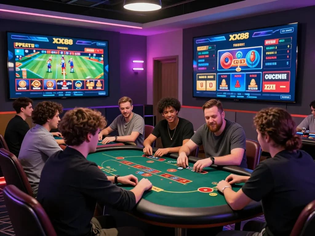 Players enjoying diverse games at XX88's modern online casino with vibrant atmosphere
