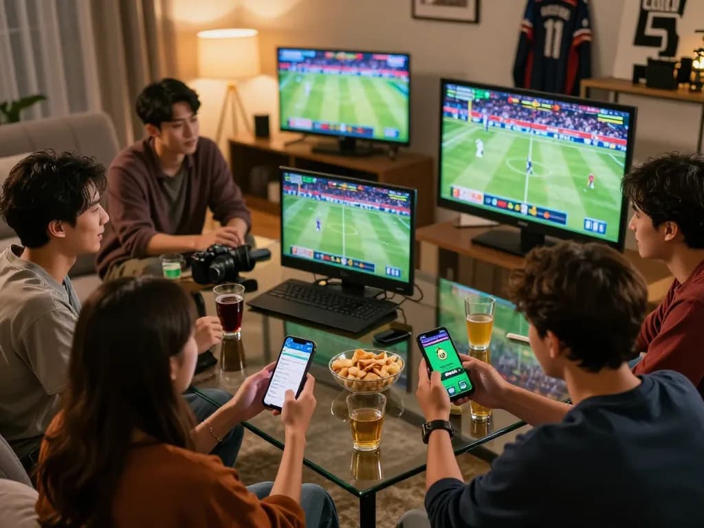 B52club fans engaging in live sports betting while enjoying snacks with multiple screens.