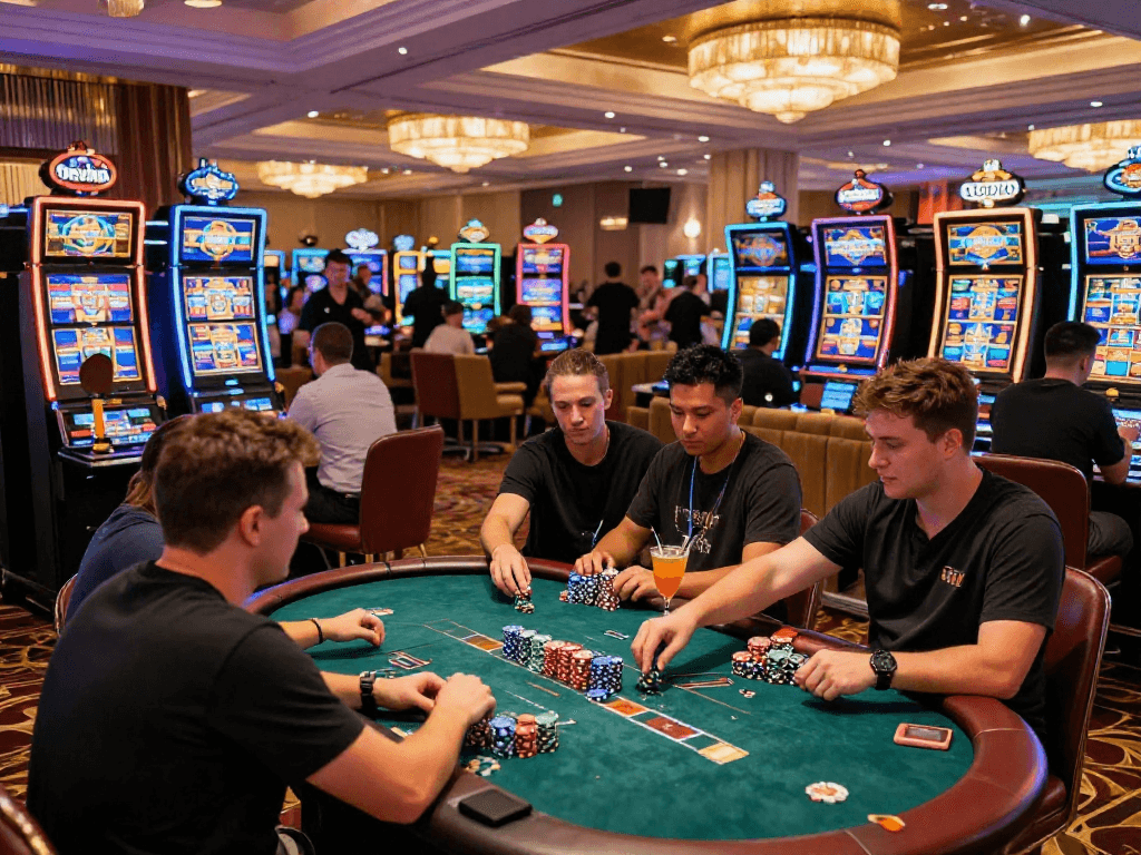 Giocatori entusiasti in un casinò non AAMS, circondati da luci vivaci e tavoli da gioco, creando un'atmosfera elettrizzante.