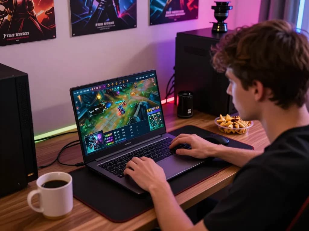 Esport betting Singapore scene of a gamer placing bets on their laptop surrounded by esports graphics in a cozy home setup.