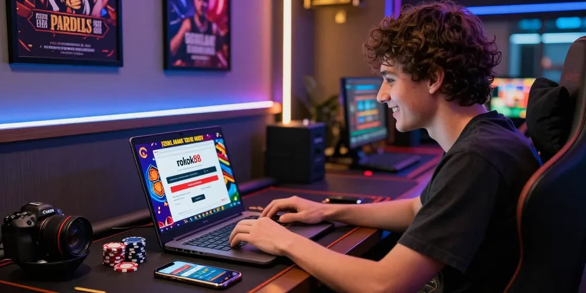 User accessing the rokok88 login page on a laptop in a vibrant online gambling setting.