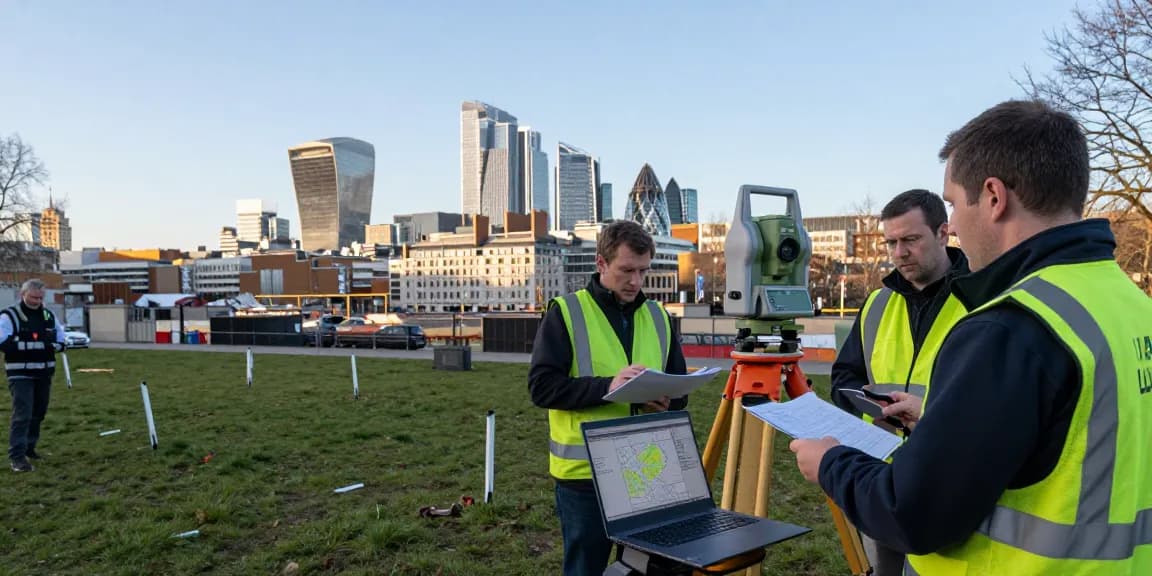 Land surveyors London conducting a topographical survey with advanced equipment in an urban setting.