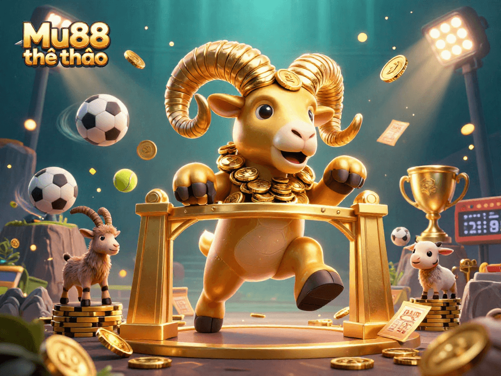 Mu88 thể thao showcases an energetic scene with a golden ram charging, sports balls flying, and dazzling effects in a vibrant casino-like atmosphere.