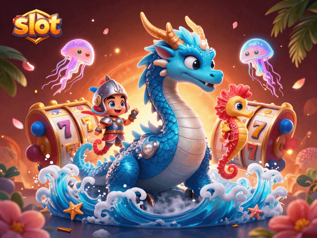 Menangkan slot dengan naga air biru berputar reels di kasino digital yang cerah.